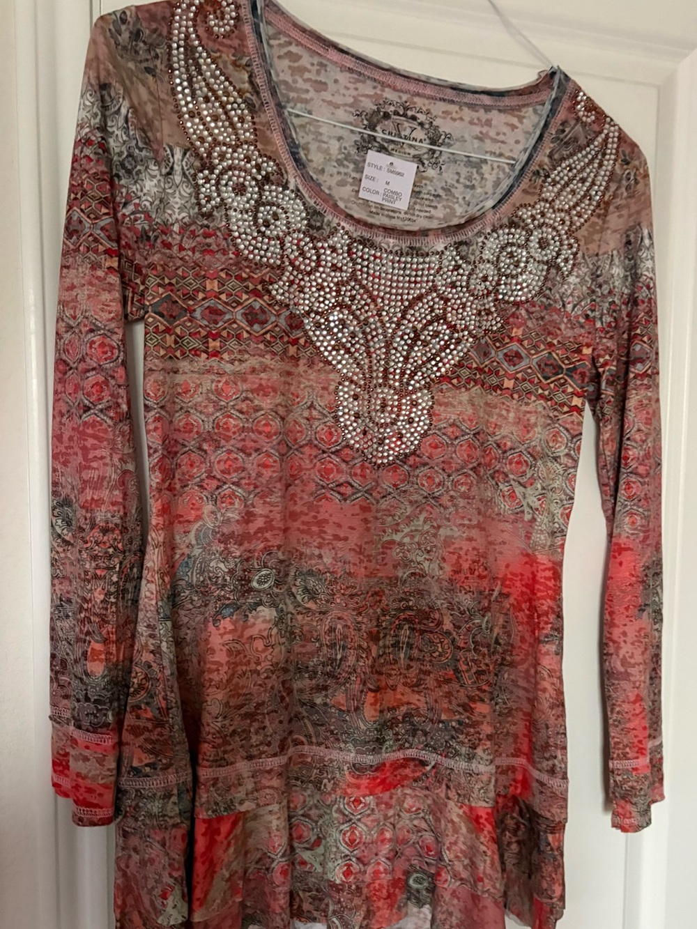 V Christina Coral and Gray Embellished Long Sleeve Scoop Neck Top